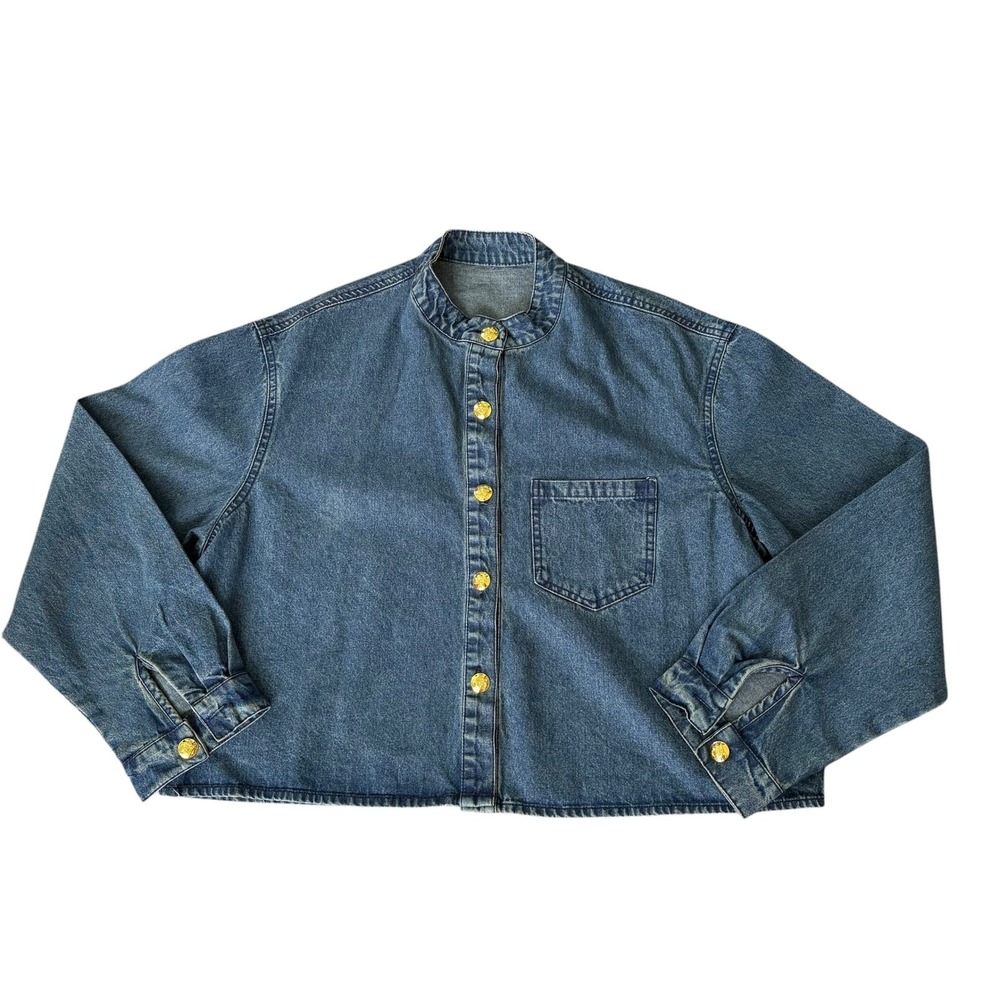 Vintage Style Cropped Boxy Denim Jacket Blue Band Collar L Streetwear Minimalist